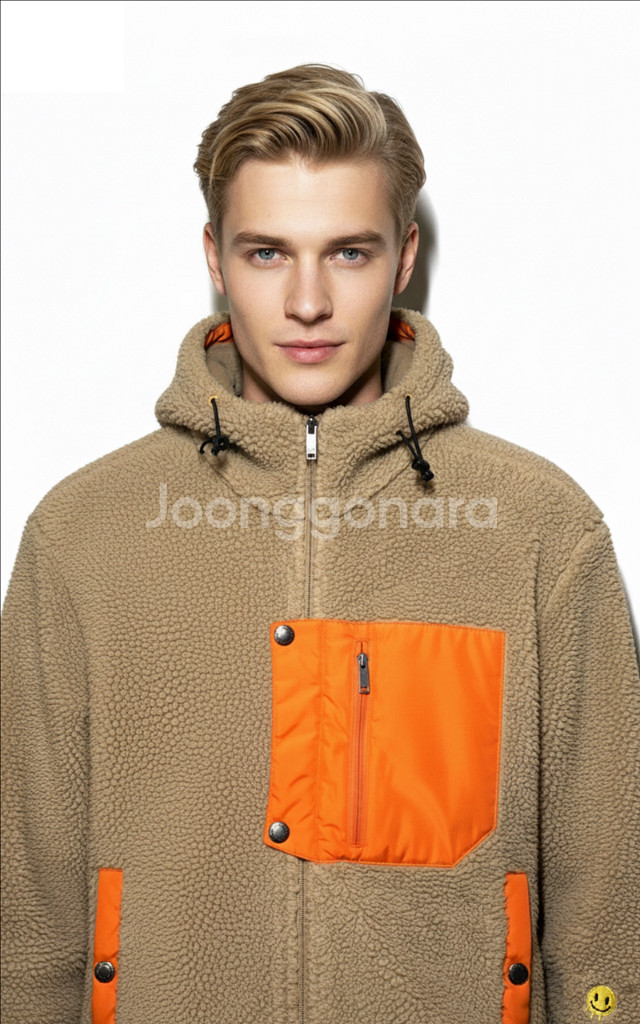 커스텀멜로우 베이지/오렌지 스마일 플리스 후리스 플리스 후드 자켓 95--9