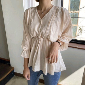 새상품) 퓨어다 브이넥 린넨 밴딩 레이스 프릴 여신 블라우스 / 파인땡큐 가내스라 메리어라운드 체리코코 아뜨랑스