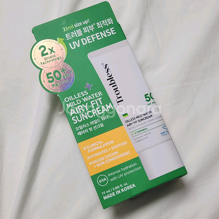 미개봉) 트러블레스 오일리스 마일드 워터 에어리 핏 선크림 77ml--0