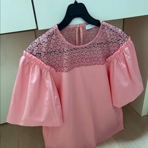 산드로 SANDRO 퍼프 벌룬 소매 바스락 코튼 레이스 블라우스 핑크 반팔