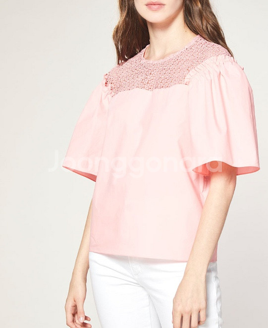 산드로 SANDRO 퍼프 벌룬 소매 바스락 코튼 레이스 블라우스 핑크 반팔--1