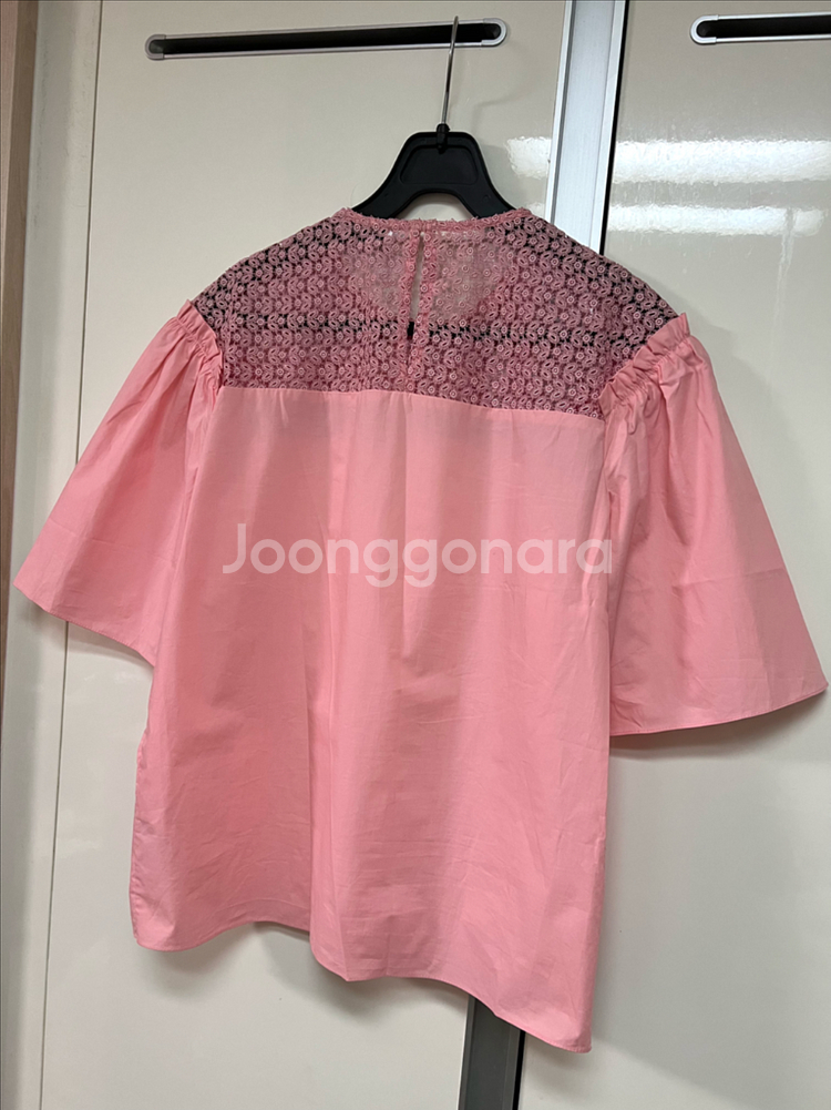 산드로 SANDRO 퍼프 벌룬 소매 바스락 코튼 레이스 블라우스 핑크 반팔--6