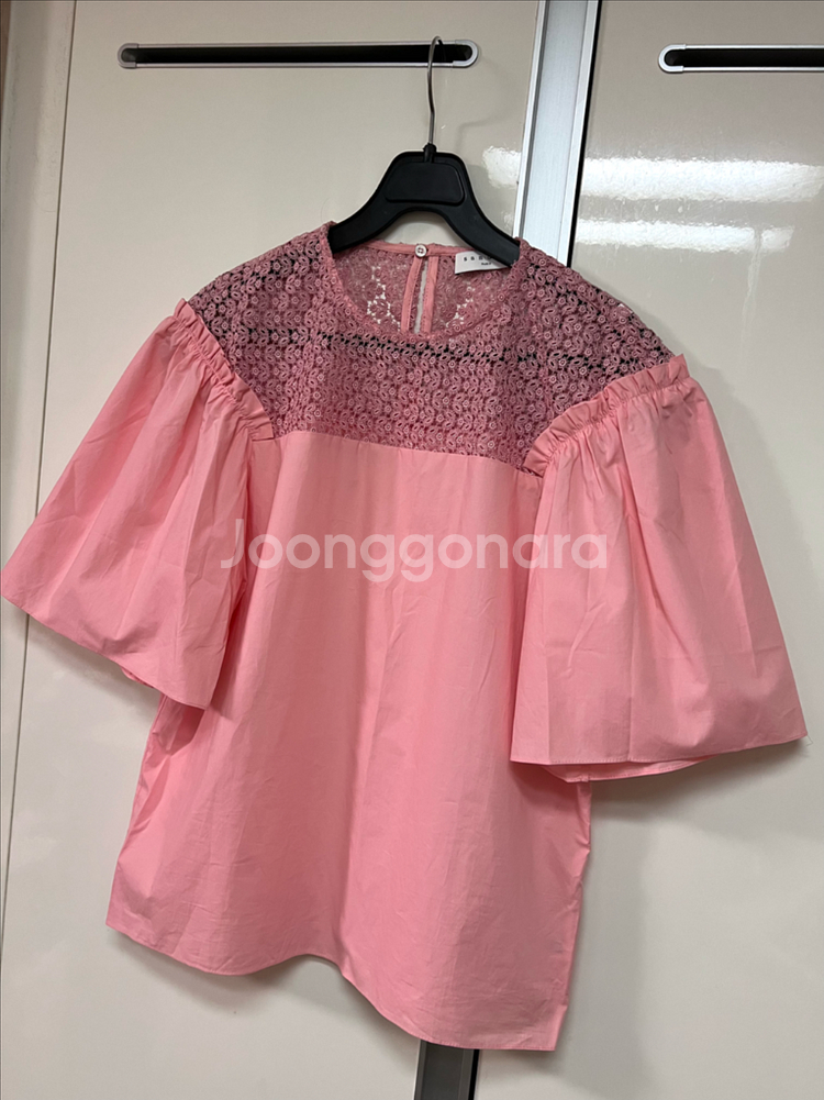 산드로 SANDRO 퍼프 벌룬 소매 바스락 코튼 레이스 블라우스 핑크 반팔--5