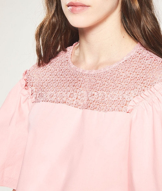 산드로 SANDRO 퍼프 벌룬 소매 바스락 코튼 레이스 블라우스 핑크 반팔--3