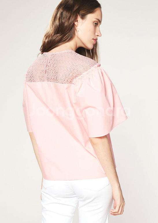 산드로 SANDRO 퍼프 벌룬 소매 바스락 코튼 레이스 블라우스 핑크 반팔--2