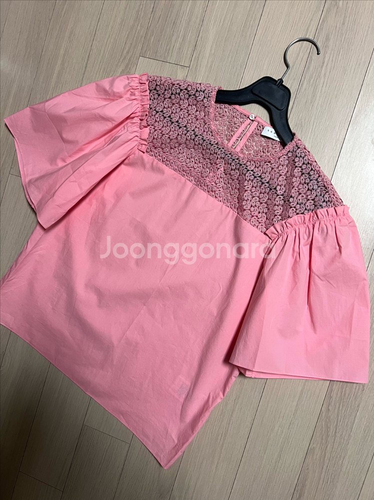 산드로 SANDRO 퍼프 벌룬 소매 바스락 코튼 레이스 블라우스 핑크 반팔--4