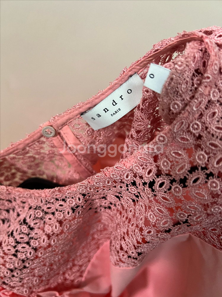 산드로 SANDRO 퍼프 벌룬 소매 바스락 코튼 레이스 블라우스 핑크 반팔--7