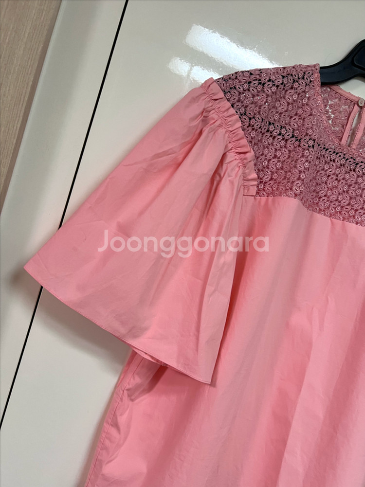 산드로 SANDRO 퍼프 벌룬 소매 바스락 코튼 레이스 블라우스 핑크 반팔--12