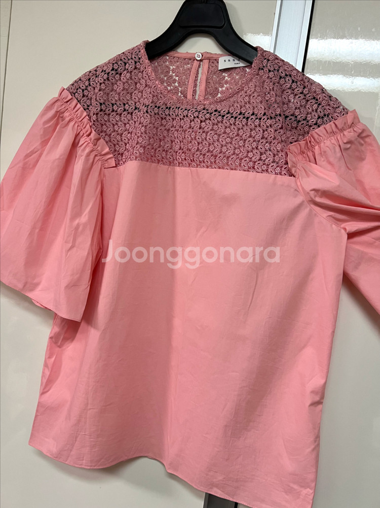 산드로 SANDRO 퍼프 벌룬 소매 바스락 코튼 레이스 블라우스 핑크 반팔--11