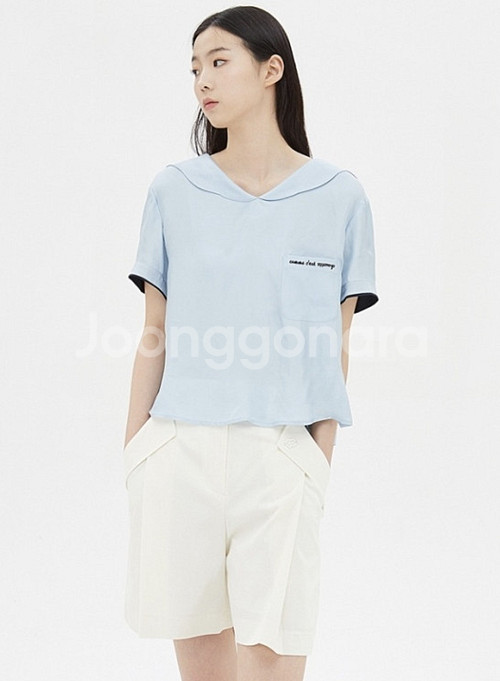 럭키슈에뜨 앞자수 변형카라 블라우스--4