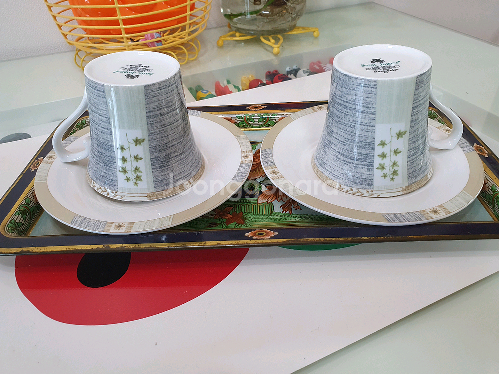 빈티지 한국도자기 커피잔 소서 세트 2인--0