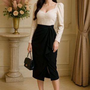 언발 매듭 묶음 리본 미디 랩스커트ㅡ무배