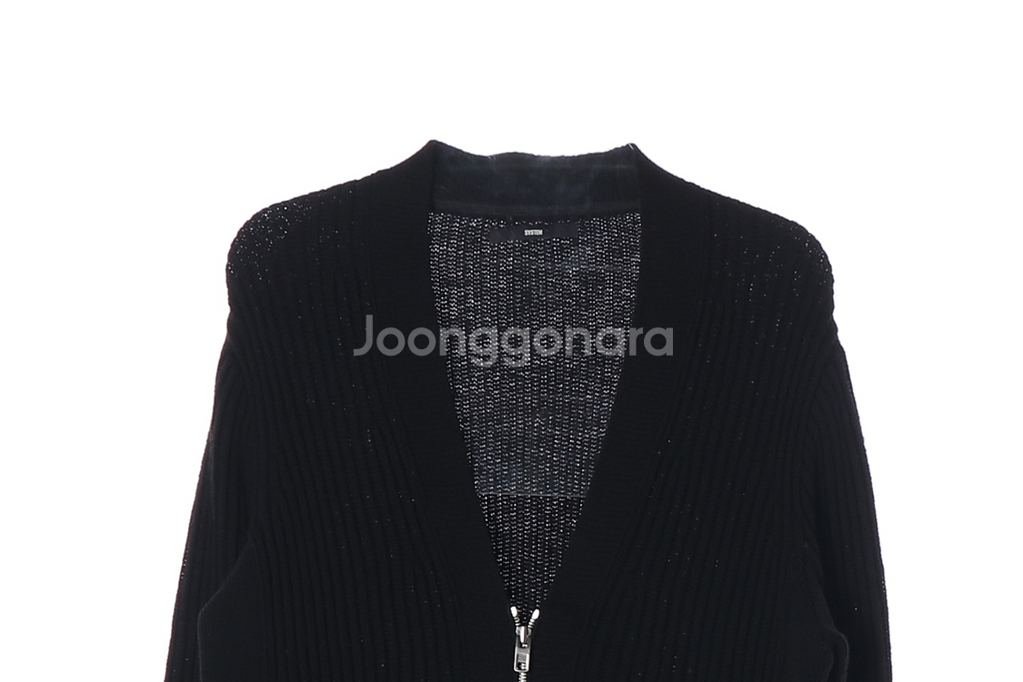 [M]시스템 울100% 블랙 골지 브이넥 롱 집업 가디건--1