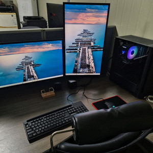 게이밍/3D 작업용 PC RTX 3050 램 16GB 1TB 모니터 27인치 2대 듀얼 틸팅 모니터암 세트 판매합니