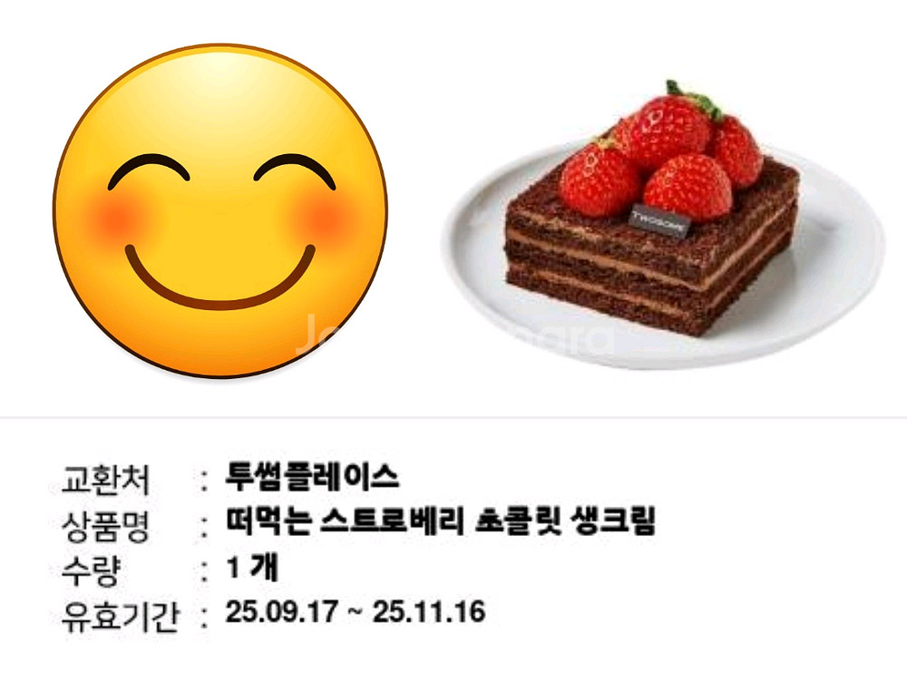 투썸플레이스 떠먹는 스트로베리 초콜릿 생크림 1장 5500원에 팝니다. 유효기간 25.11.16까지--0