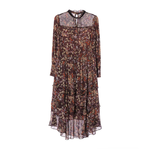 [S]써스데이 아일랜드 브라운 플로럴 긴팔 러플 쉬폰 롱 원피스