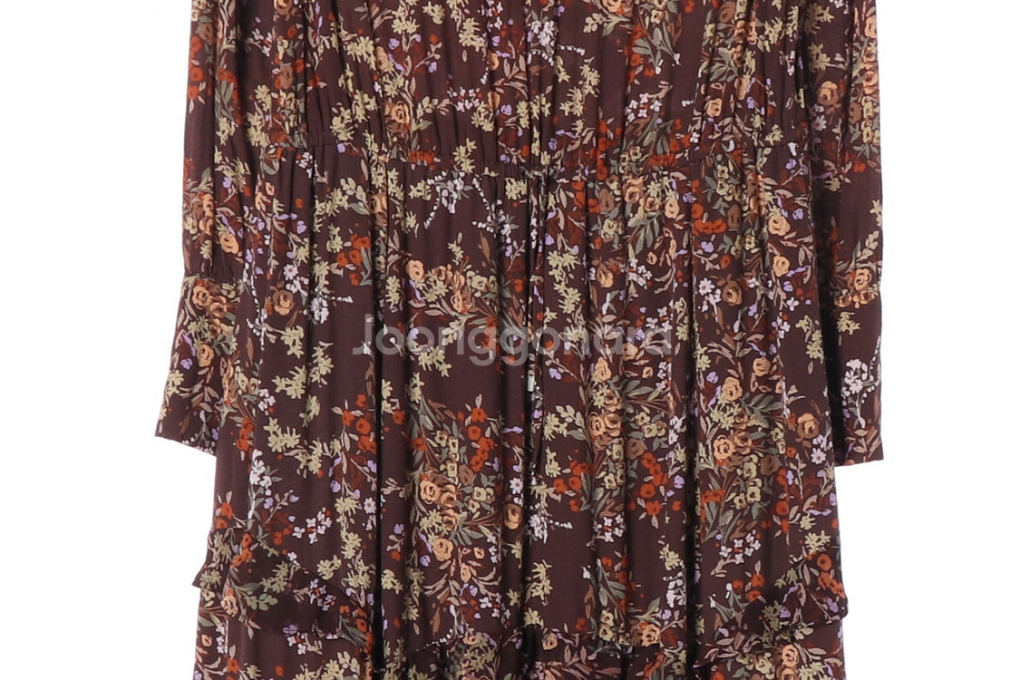 [S]써스데이 아일랜드 브라운 플로럴 긴팔 러플 쉬폰 롱 원피스--2