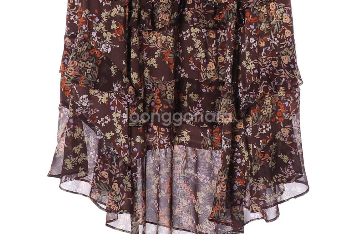 [S]써스데이 아일랜드 브라운 플로럴 긴팔 러플 쉬폰 롱 원피스--3