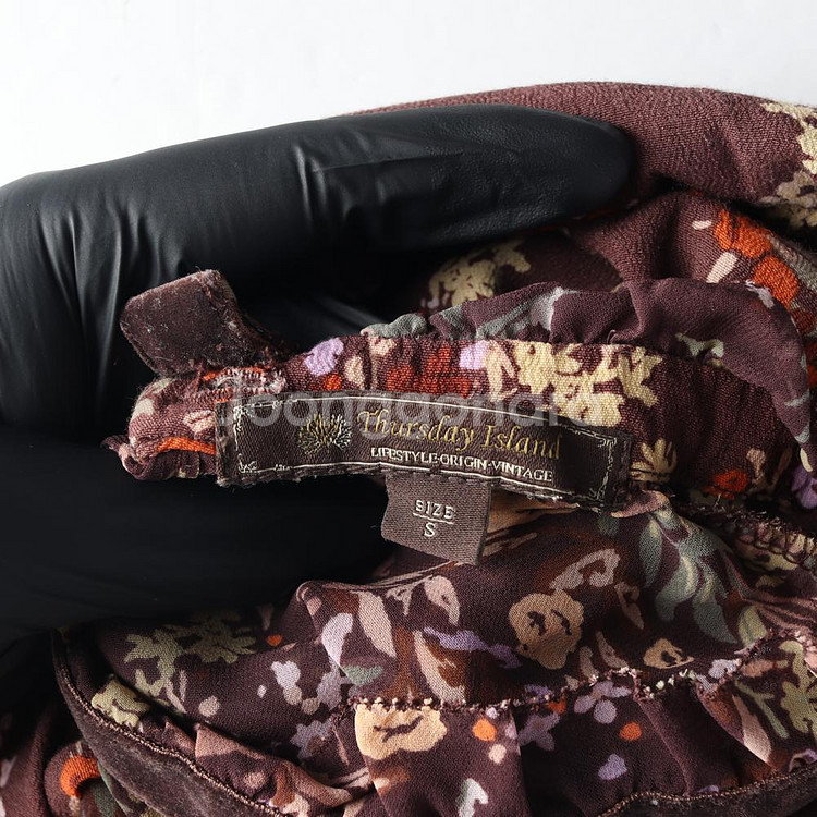 [S]써스데이 아일랜드 브라운 플로럴 긴팔 러플 쉬폰 롱 원피스--5