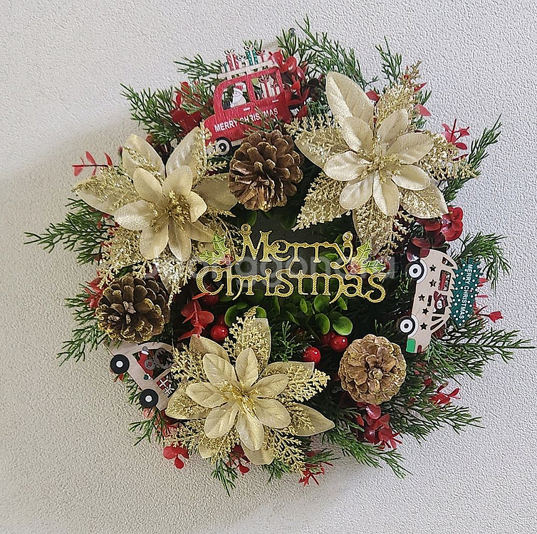 새상품)대형 크리스마스 리스 포인세티아 조화 원목 자동차--0