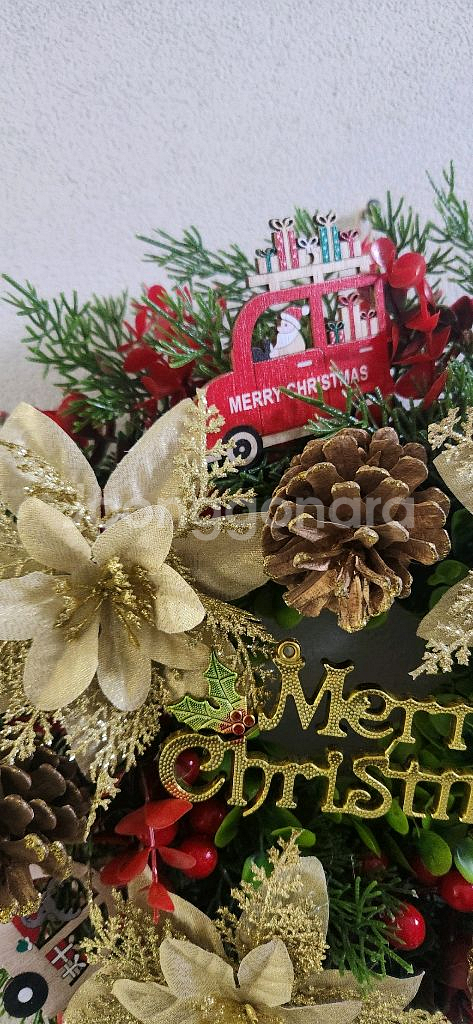 새상품)대형 크리스마스 리스 포인세티아 조화 원목 자동차--7