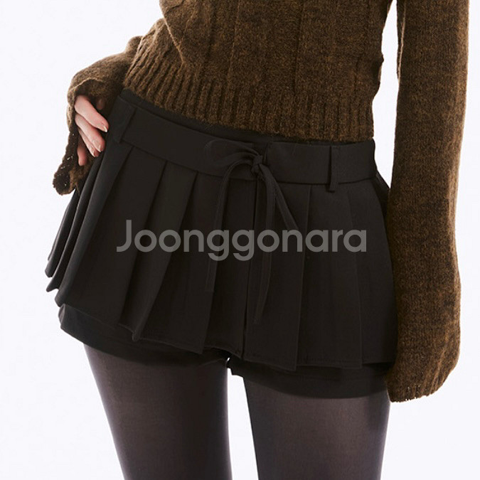 네비 브루이 리본 플리츠 스커트 팬츠 블랙 M--0