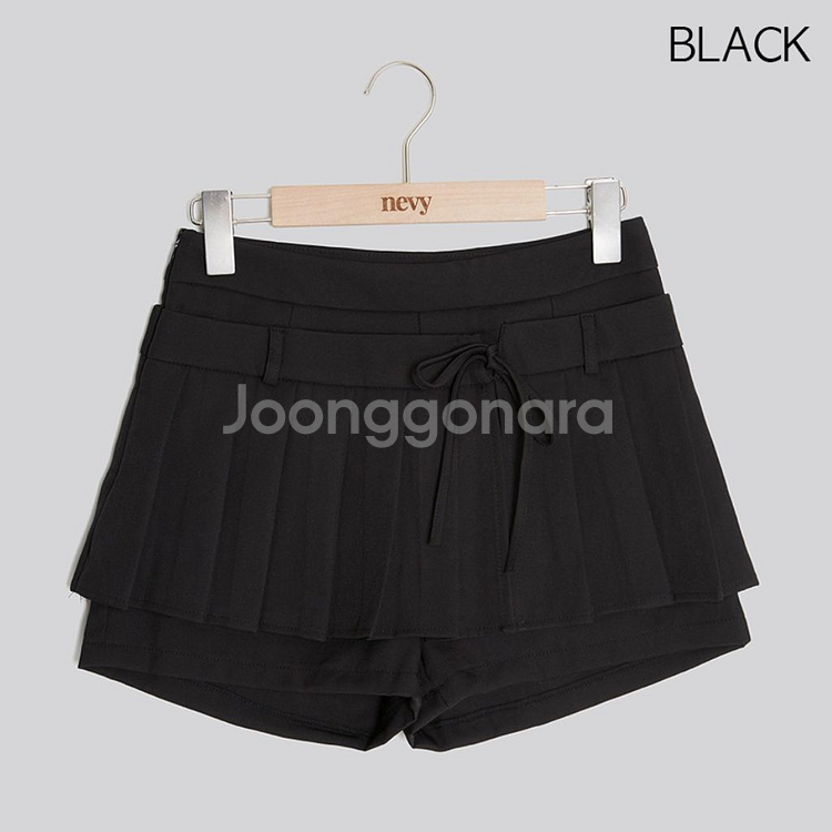 네비 브루이 리본 플리츠 스커트 팬츠 블랙 M--2