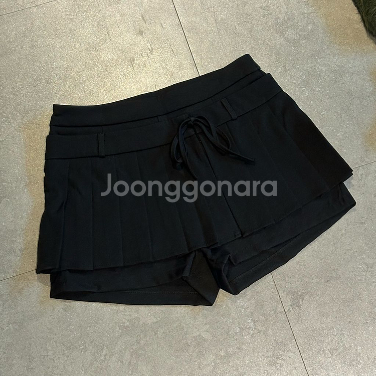 네비 브루이 리본 플리츠 스커트 팬츠 블랙 M--3