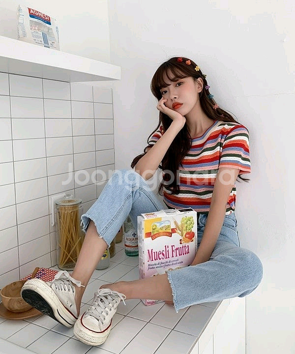 문복희 착용) 레인보우 스트라이프 반팔 니트 티셔츠 / 소솔마켓 애프터먼데이 소녀레시피 영앤리치 프렌치오브 육육걸즈--0