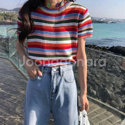 문복희 착용) 레인보우 스트라이프 반팔 니트 티셔츠 / 소솔마켓 애프터먼데이 소녀레시피 영앤리치 프렌치오브 육육걸즈--1