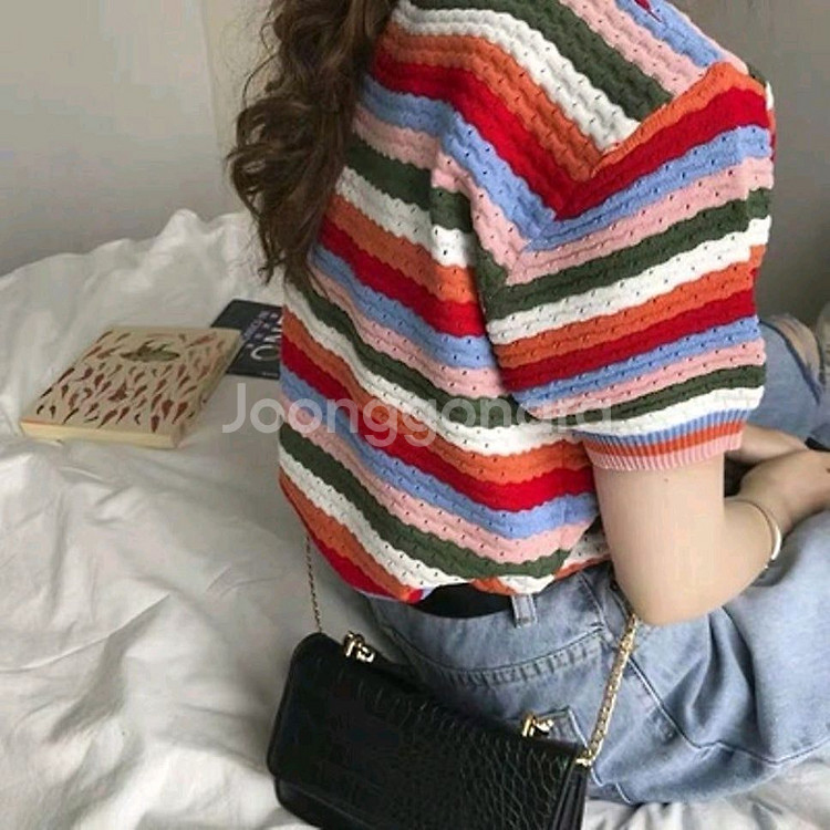 문복희 착용) 레인보우 스트라이프 반팔 니트 티셔츠 / 소솔마켓 애프터먼데이 소녀레시피 영앤리치 프렌치오브 육육걸즈--3