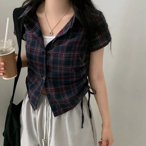 로빈 빈티지 스트링 체크 반팔 셔링 남방, 셔츠(네이비)