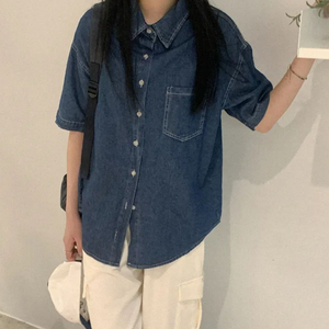 파핑 코튼 데님 반팔셔츠