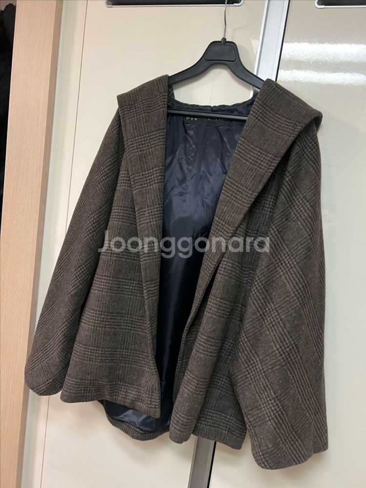 자라 ZARA 울 후드 체크 숏코트 자켓 하프 오픈 반코트 루즈핏 브라운--3