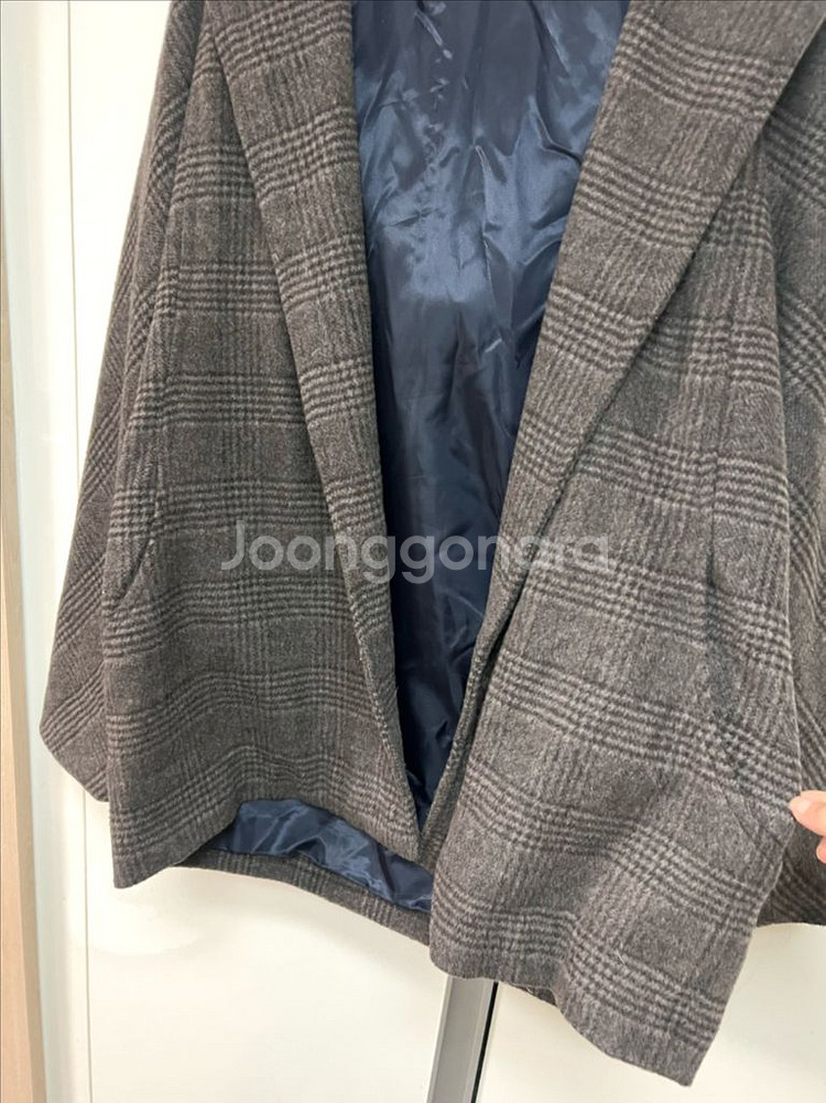 자라 ZARA 울 후드 체크 숏코트 자켓 하프 오픈 반코트 루즈핏 브라운--6