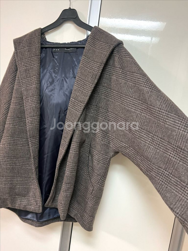 자라 ZARA 울 후드 체크 숏코트 자켓 하프 오픈 반코트 루즈핏 브라운--11