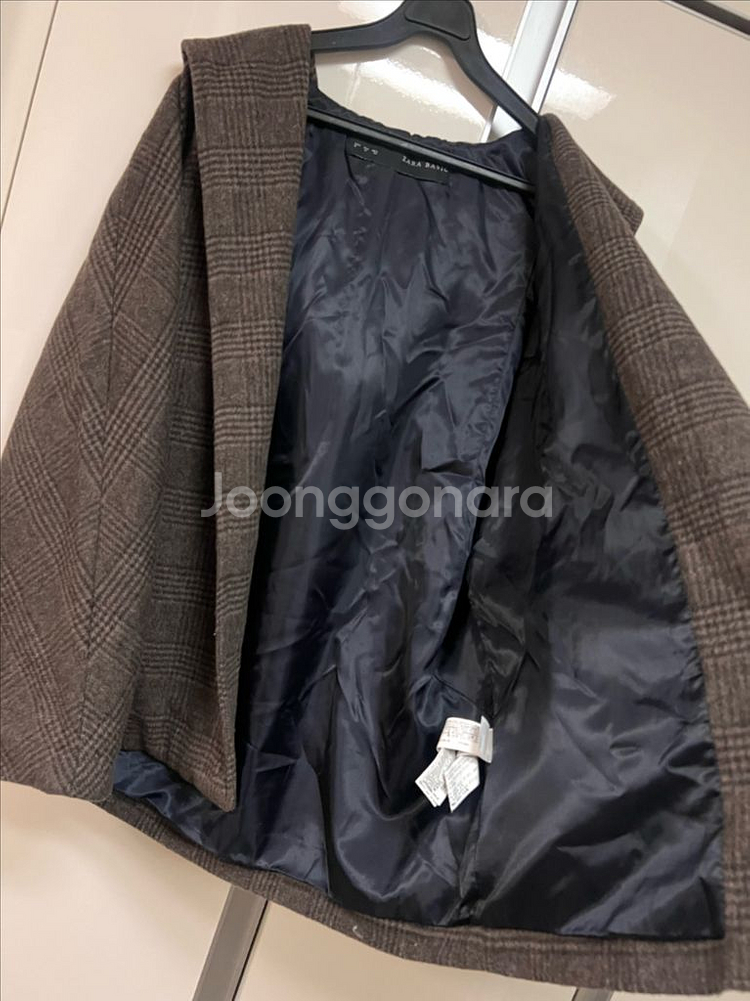 자라 ZARA 울 후드 체크 숏코트 자켓 하프 오픈 반코트 루즈핏 브라운--12