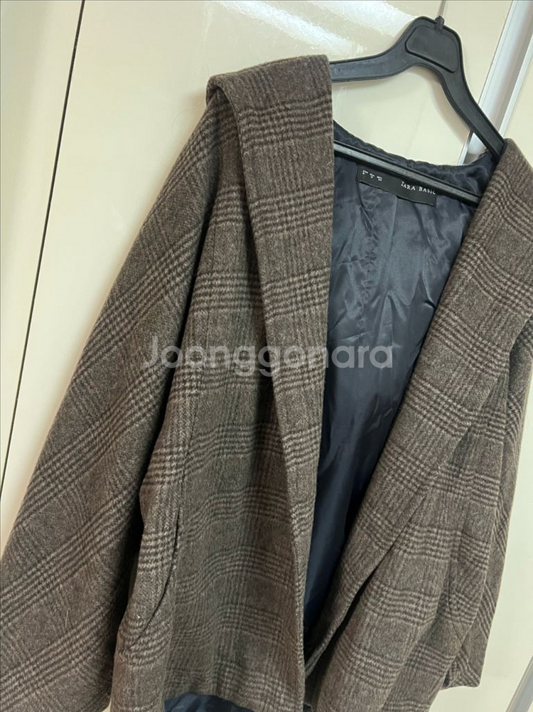 자라 ZARA 울 후드 체크 숏코트 자켓 하프 오픈 반코트 루즈핏 브라운--16