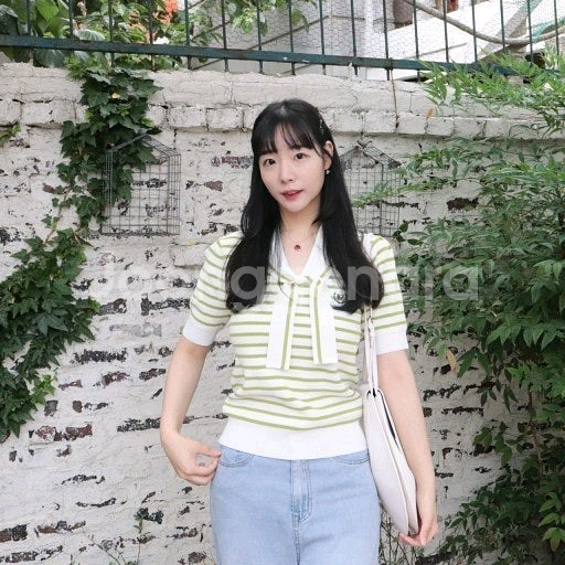 마리끌레르 타이 세일러 반팔 니트 스트라이프--8