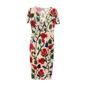 [M]자라 베이지 레드 플라워 반팔 브이넥 롱 원피스 드레스