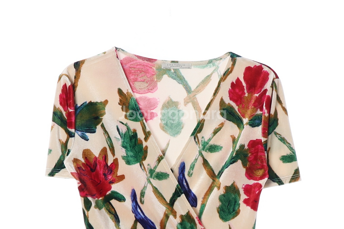 [M]자라 베이지 레드 플라워 반팔 브이넥 롱 원피스 드레스--1