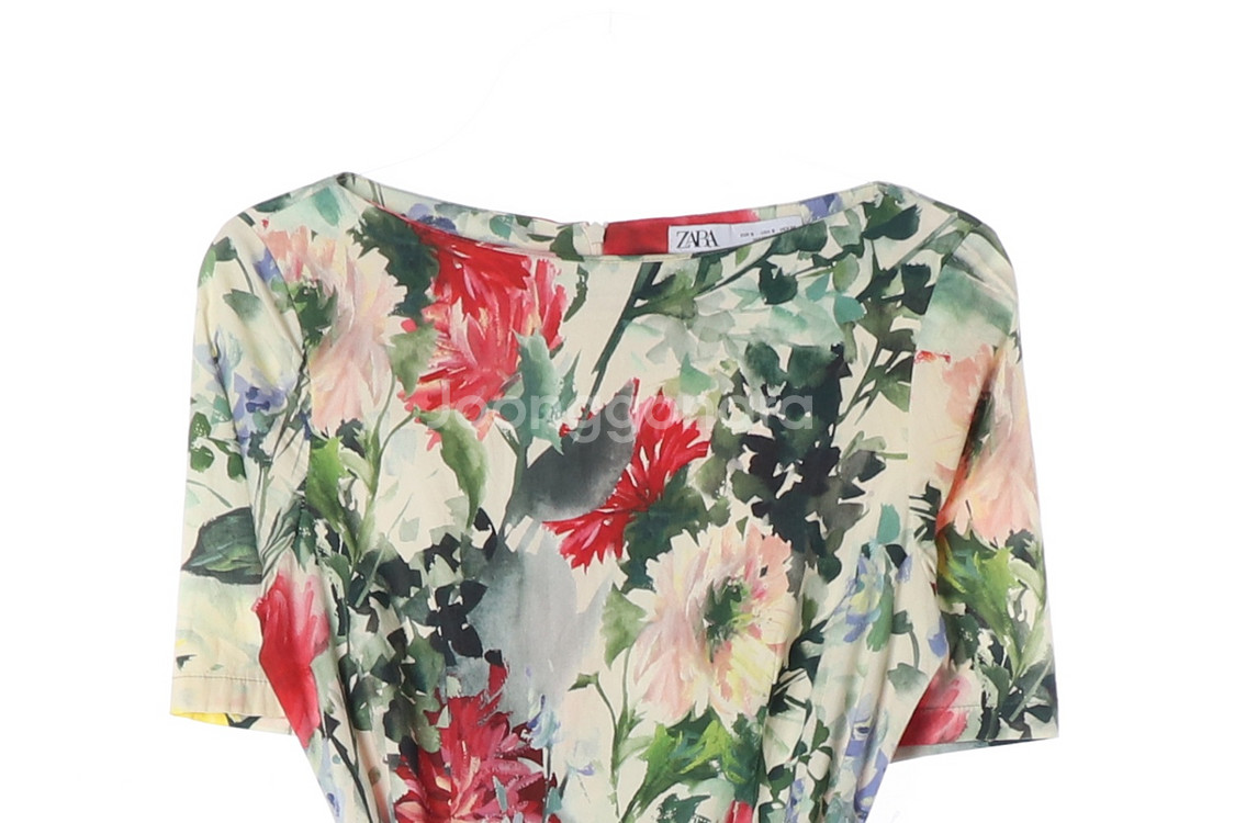 [S]자라 멀티 플로럴 보트넥 벨트 반팔 롱 원피스 드레스--1