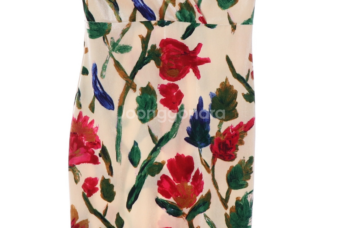 [M]자라 베이지 레드 플라워 반팔 브이넥 롱 원피스 드레스--2