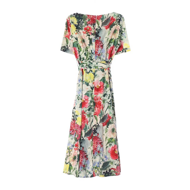 [S]자라 멀티 플로럴 보트넥 벨트 반팔 롱 원피스 드레스--4