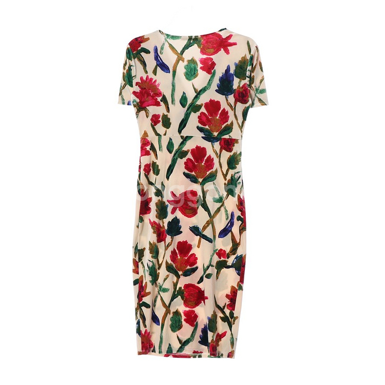 [M]자라 베이지 레드 플라워 반팔 브이넥 롱 원피스 드레스--4