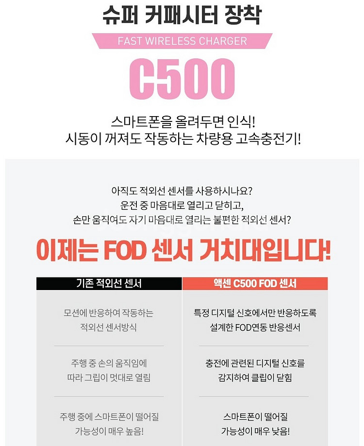 액센 C500 차량용 고속 무선충전 거치대 FOD센서 / DS 블랙 슈퍼 커패시터 기능 탑재--3