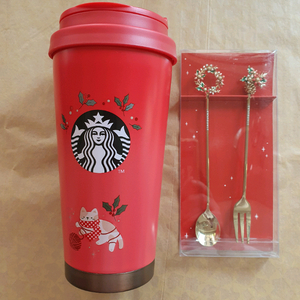 스타벅스 SS 홀리 캣 엘마 텀블러 473ml+20 홀리데이 티 커트러리