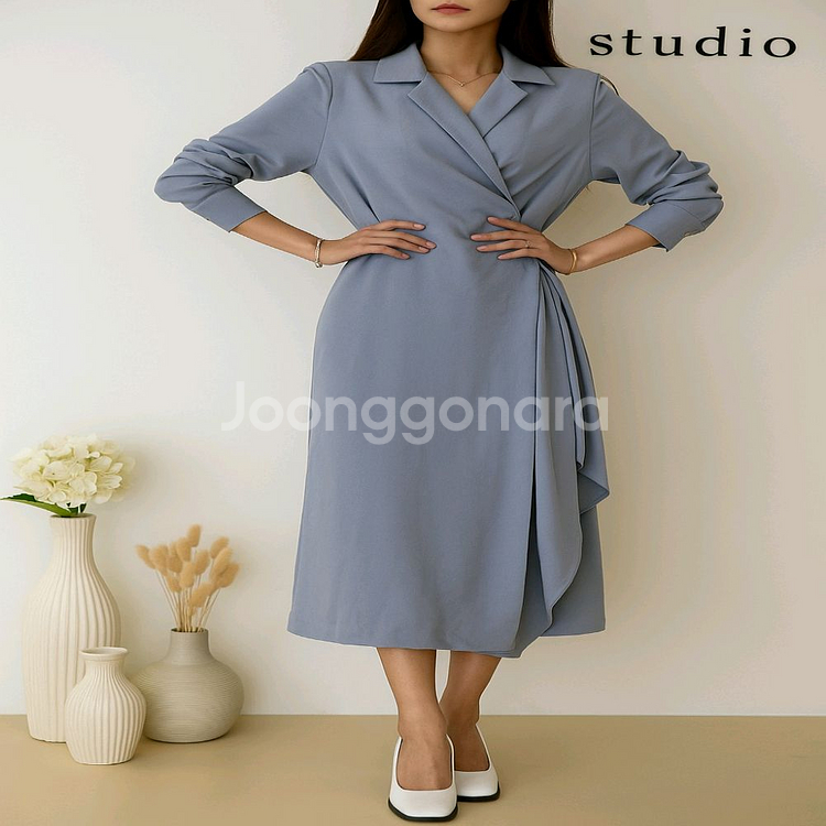 언발 프릴 테일러드 카라 랩 롱원피스ㅡ무배--3