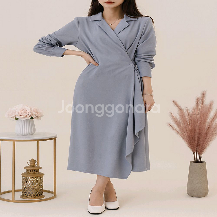 언발 프릴 테일러드 카라 랩 롱원피스ㅡ무배--0