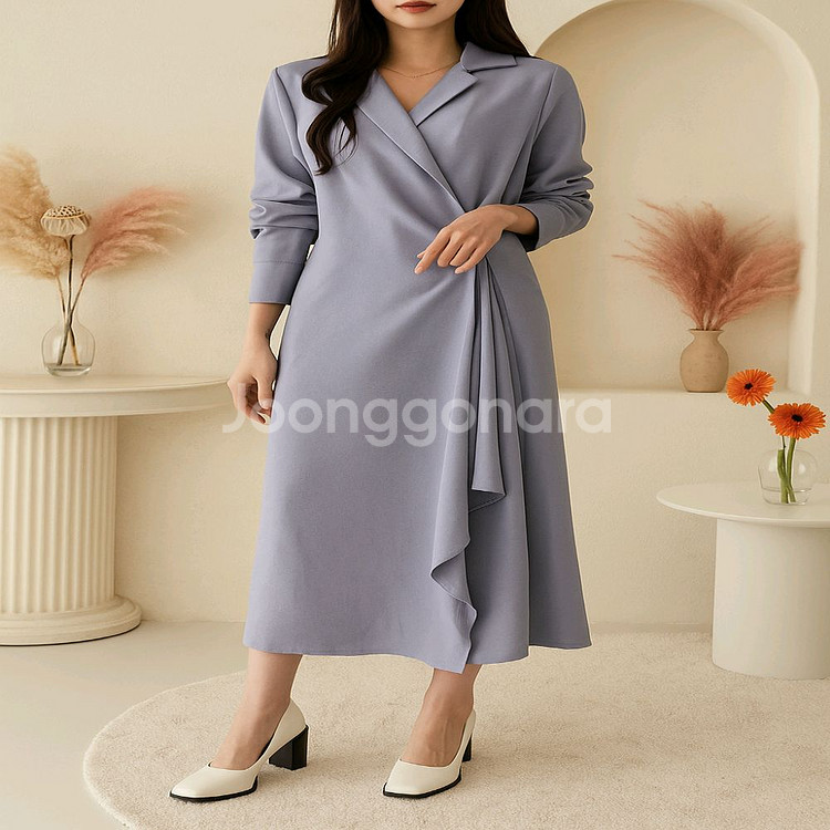 언발 프릴 테일러드 카라 랩 롱원피스ㅡ무배--4